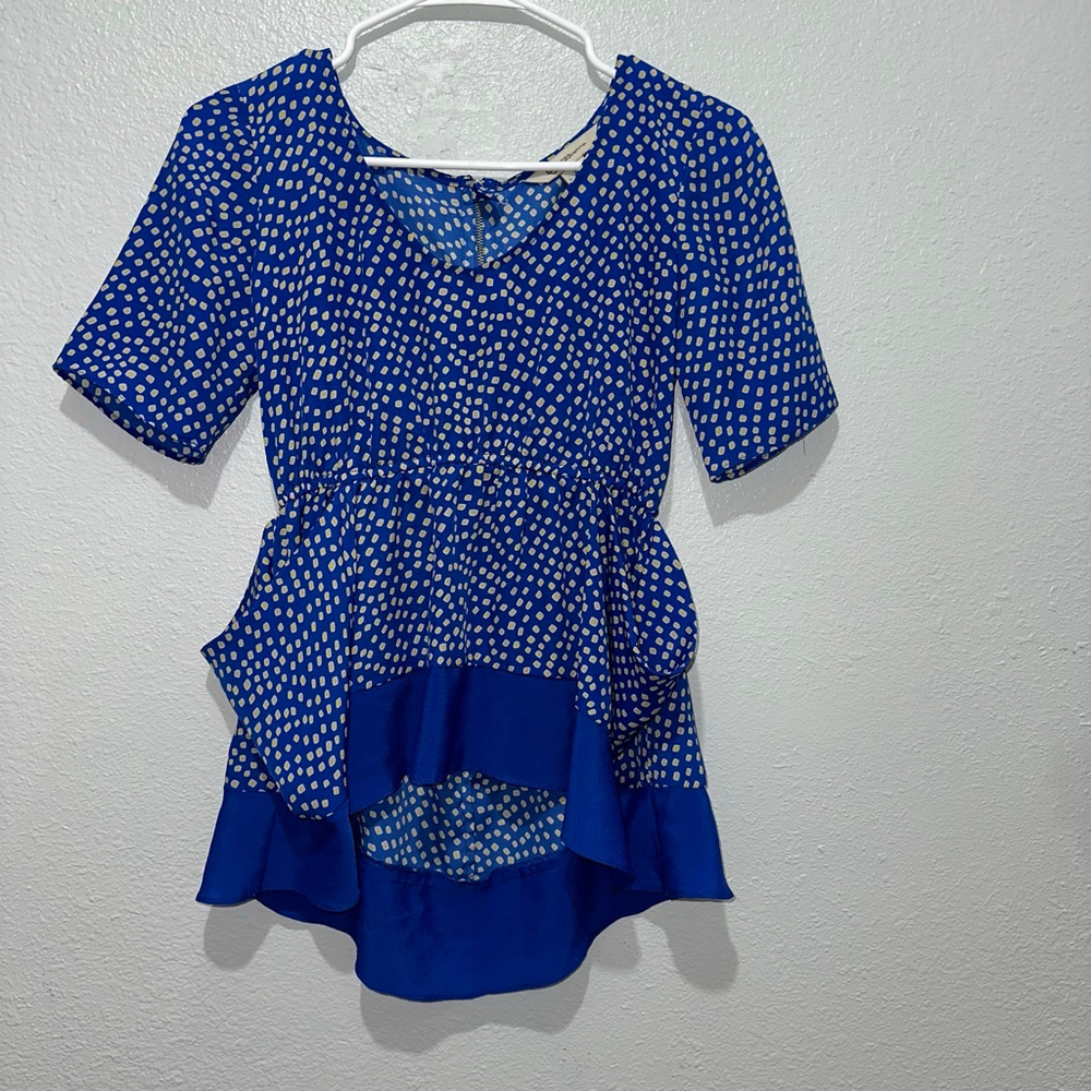 Women's BCBGeneration Blue Yellow Polka Dot Peplum Blouse XS Pockets Zip Up